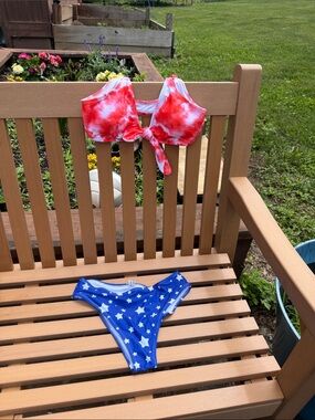 July 4th Americana Bikini NWT size Small - Red Tie-Dye Top & Blue Star Bottom